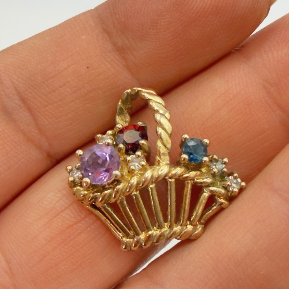 Vtg Sterling Silver Flower Basket Pendant Saphire Garment Amethyst Vermeil 925 - Picture 3 of 12